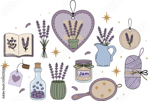 Fotografie Flat illustration of vintage farmhouse items with lavender