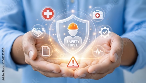 Hands holding holographic safety first shield icon with medical and, warning symbols occupational health and, safety concept
