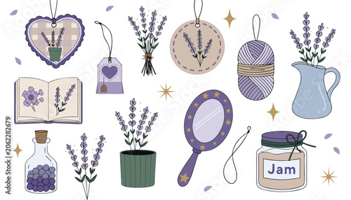 Flat illustration of vintage farmhouse still life with lavender
