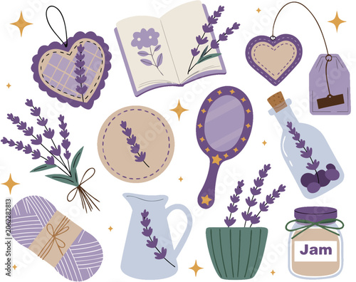 Flat illustration of vintage farmhouse items with lavender