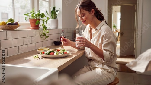 Happy young woman enjoying healthy fresh vegetable salad for lunch in cozy bright home kitchen space.