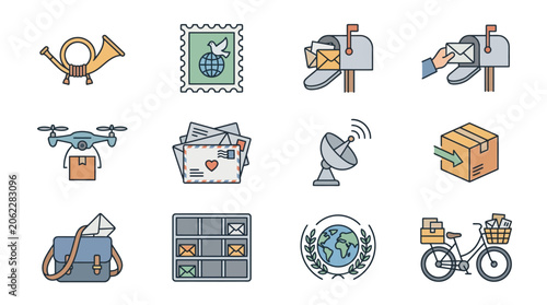 Colorful icons representing mail and communication themes