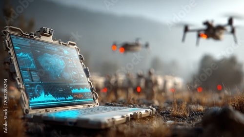 A cutting-edge laptop displaying advanced technological data sits in an outdoor setting, surrounded by a fleet of autonomous drones in flight. Created with Generative AI, not depicting real subjects.
