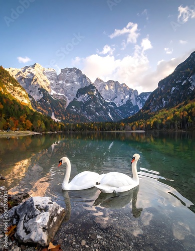 Two white swans swimming in a serene lake with mountains