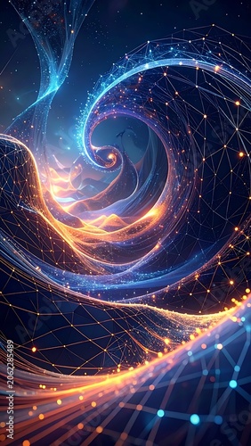 Vibrant swirling digital art with glowing lines and dots