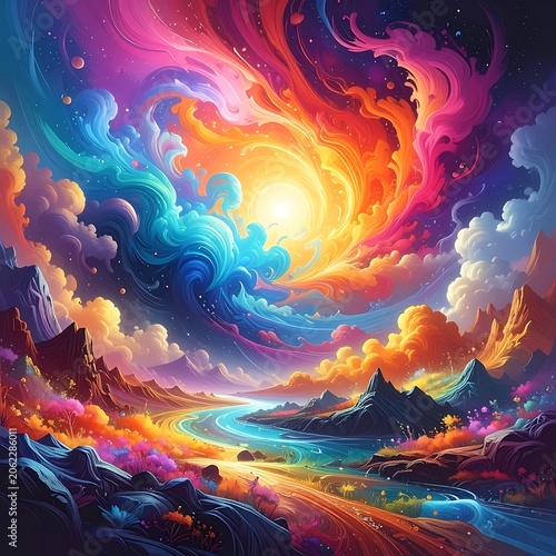 Vibrant colorful swirling galaxy landscape with river and mountains