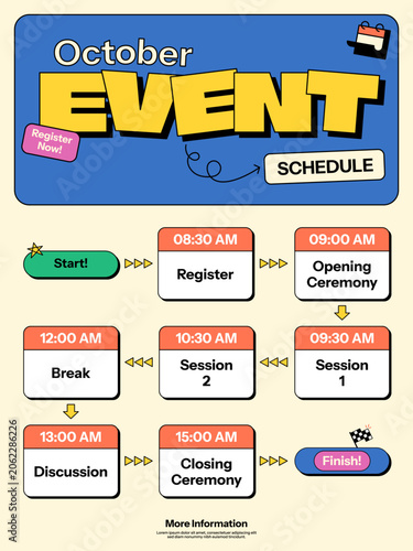 Event schedule infographic template retro comic style with a step-by-step timeline