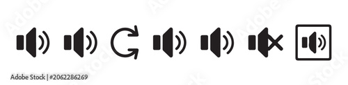 Valokuva Set of speaker volume icons showing different sound levels muted and speaker with a box on transparent background