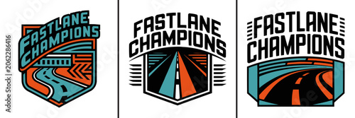 Obraz na plátně Three retro pixel art road racing badges for fast lane champions