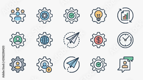 Set of icons representing business processes and strategy.
