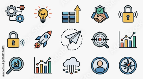 Collection of Business and Technology Icons for Digital Concepts.