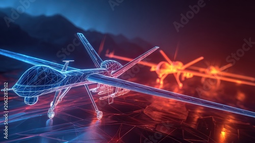 futuristic drone blueprint, a digital wireframe of a military reconnaissance aircraft in a vibrant neon glow. ..Created with Generative AI, not depicting real subjects.
