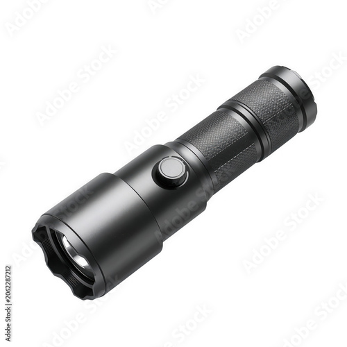 High lumen tactical flashlight with mesh diffuser illuminating on transparent background