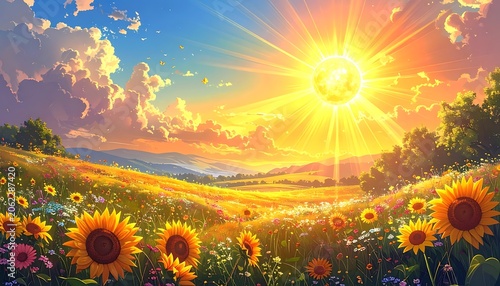 Vibrant sunny landscape with sunflowers and colorful wildflowers