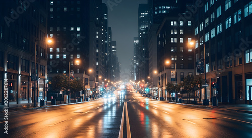 City street at night with tall buildings and streetlights shining brightly