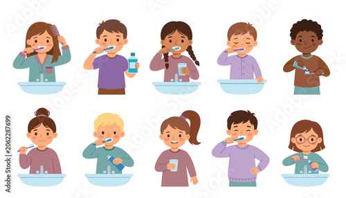 Children brushing teeth routine set. Toothbrush, toothpaste, sink, mouthwash, cup, water, dental care and morning hygiene.