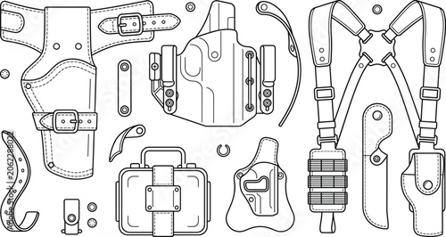 Obraz na płótnie Tactical Gun Holster Icon Set with Shoulder Harness and Pistol Case Symbols