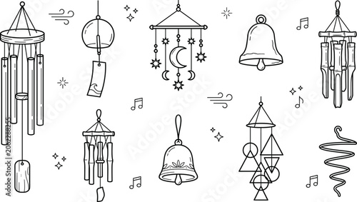 Fotografie Wind Chime and Hanging Bell Line Icon Set for Home Decor Garden Graphic Style De