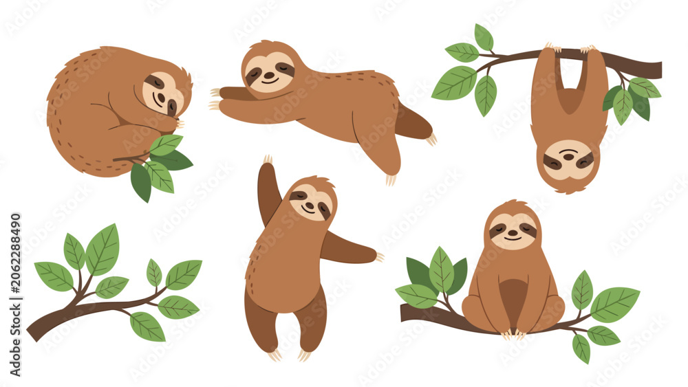 Fototapeta premium Set of cute cartoon sloths in various poses hanging on tree branches with green leaves.