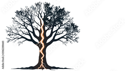 Stark black silhouette of bare leafless tree, powerful nature illustration representing loss, change, and natural cycles perfect for environmental and artistic concepts