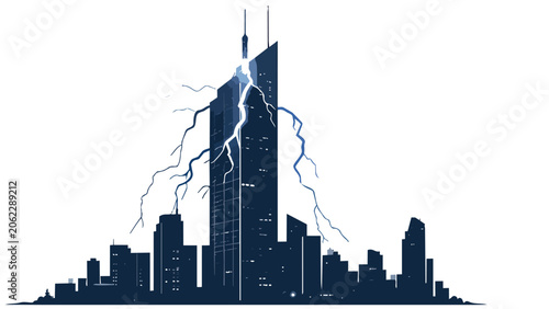 Tall skyscraper building with powerful lightning bolt striking down, dramatic urban electrical phenomenon illustration perfect for weather, danger, and power concepts