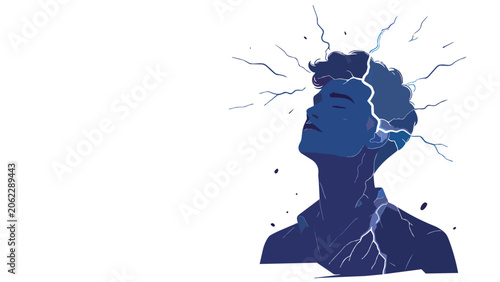 Dark silhouette of human head with electric lightning bolts striking through brain, powerful mental energy and thought illustration representing innovation and intellectual power