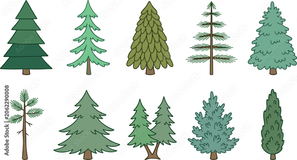 Fototapeta premium Hand Drawn Pine Tree Vector Icon Set with Evergreen Spruce Fir and Cypress Elements for Nature Landscape and Winter Holiday Designs