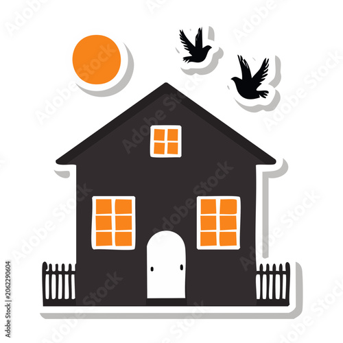Flat design illustration of a house with sun and birds