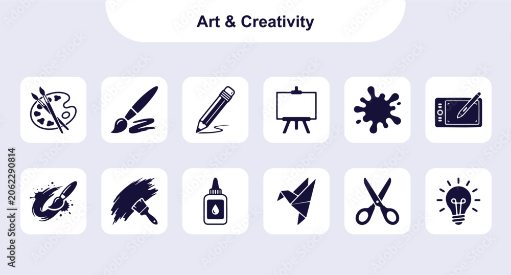 Fototapeta premium Art Creativity Icons Vector Set. Paint Palette Brush Pencil Easel Scissors and Design Tools Illustration Symbols for Artist Education and Craft Projects