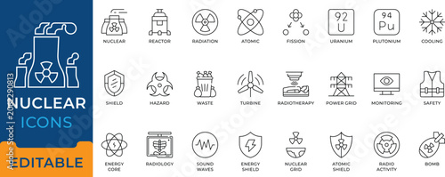 Foto Nuclear Reactor Radiation Atomic Energy Fission Icon Set - editable vectors for power plant, radioactive hazard, and quantum science