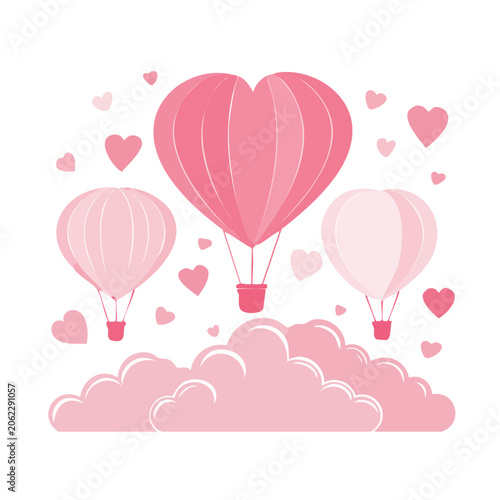 Pink hot air balloons with hearts and clouds illustration