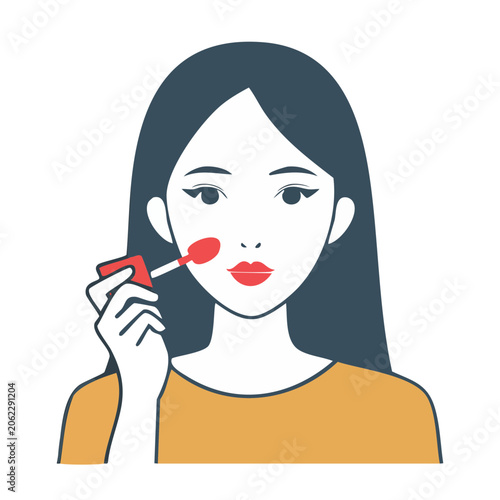 Woman applying red lipstick in flat design illustration