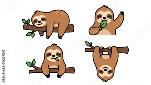 Cute cartoon sloths in various poses on tree branches, illustrating a relaxed lifestyle.