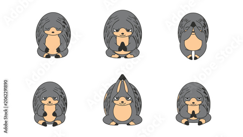 Cute cartoon hedgehog character in various poses, isolated on white background.