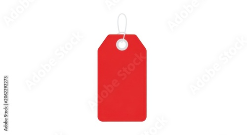 Red price tag hanging on white background