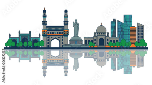 Fotografía Hyderabad city skyline in flat style with reflection on water cityscape panorama