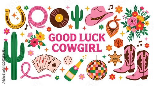 Good luck cowgirl western elements, lasso, hat, boots, cactus, dice, and horseshoe.