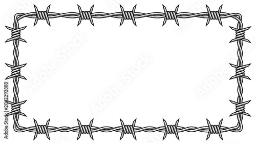 Foto Barbed wire border frame isolated on white.