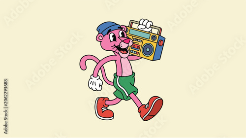 Pink cartoon character with boombox.