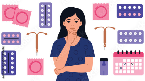 Woman thinking about contraception methods with different birth control options around.