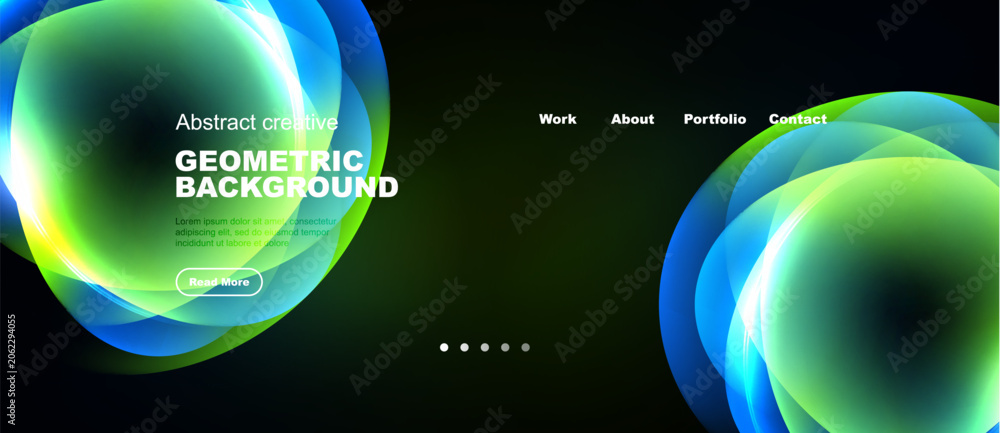 Fototapeta premium Dark background features vibrant abstract shapes. Text elements present portfolio information, website navigation. Modern design, glowing effects visible.