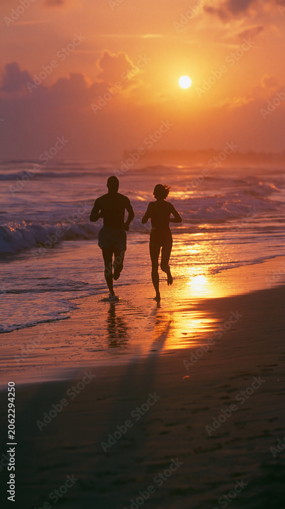 Fototapeta premium Sunset Run on the Beach: Two silhouettes of a couple running along the ocean shore during sunset, with waves gently lapping the sand and the sun casting a warm, golden glow.