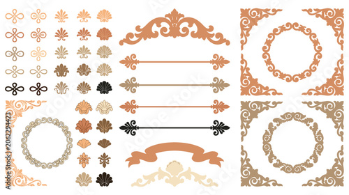 Set of vintage floral frames corners and scroll ornaments for elegant paper styling.