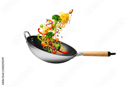 Stir-fry Noodles and Vegetables Flying Out of a Wok isolated on transparent background