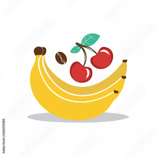Flat design illustration of banana and cherries with coffee beans