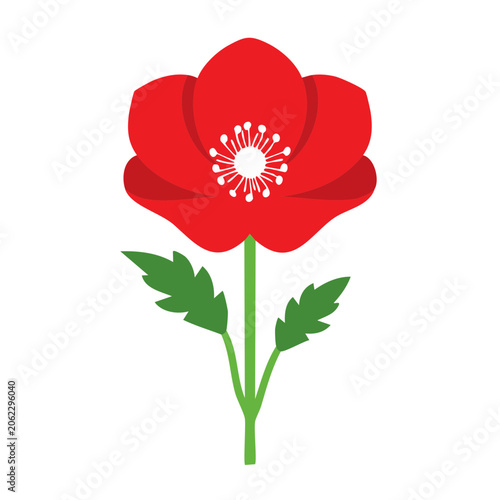 Red flower with green leaves flat illustration