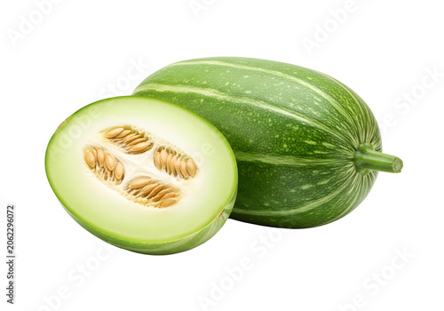 Fresh Green Snake Gourd Vegetable, Whole and Halved isolated on transparent background