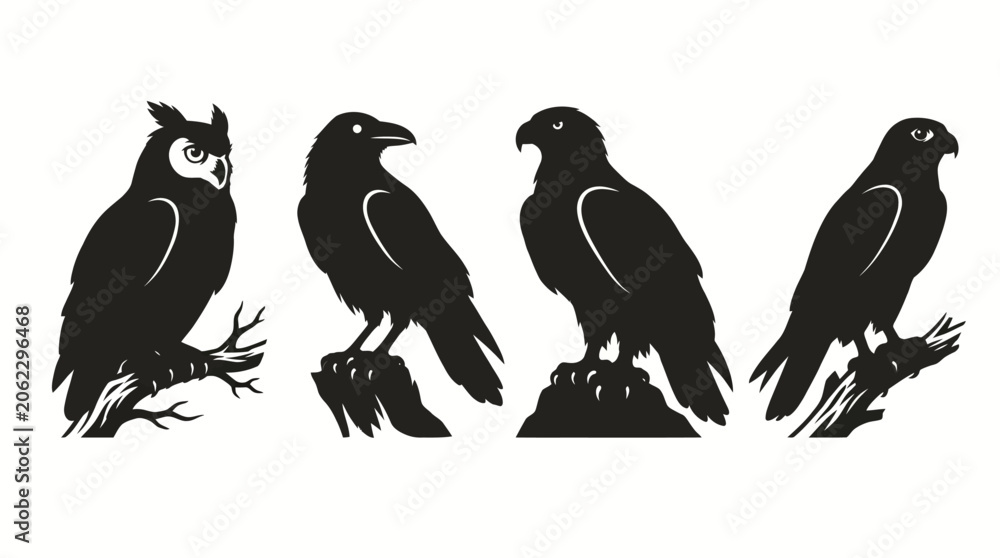 Obraz premium Minimalist black bird silhouettes collection of owl raven and hawk