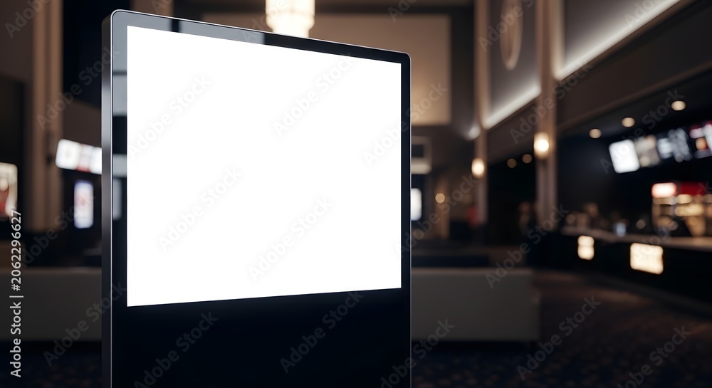 Fototapeta premium Blank white screen billboard in a modern cinema lobby, ready for your advertisement or movie promotion.