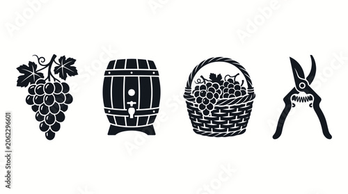 Fotografie Collection of Grape Harvest and Winemaking Elements Icons for Viticulture and Be